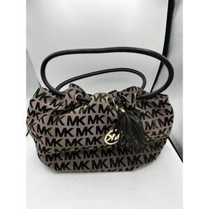 Michael Kors Fulton Large MK Signature Jacquard Drawstring Hobo Tan Black